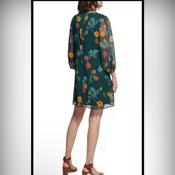 Calvin Klein Green Floral Print Multicolor Chiffon Shift Mini Dress - Picture 2 of 6